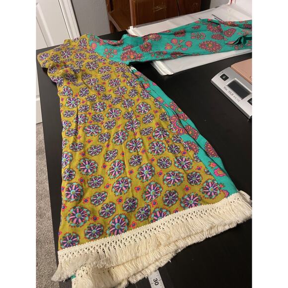 Natural Life Live Happy Shirt Womens Small Medium Green Boho Floral Fringe Tunic - Picture 6 of 7